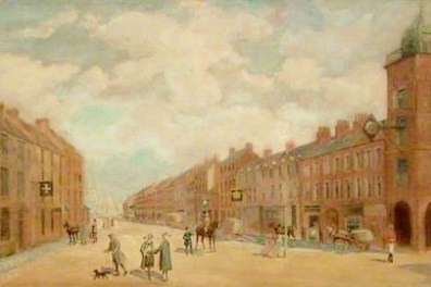 a group of people walking on the side of a building